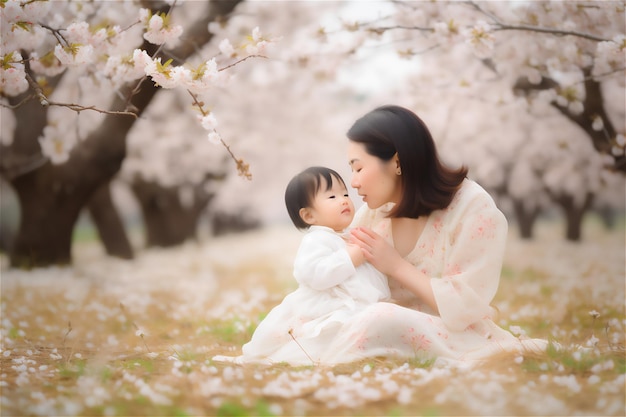 Une mère japonaise et son bébé sont assis dans un champ de fleurs de cerisier