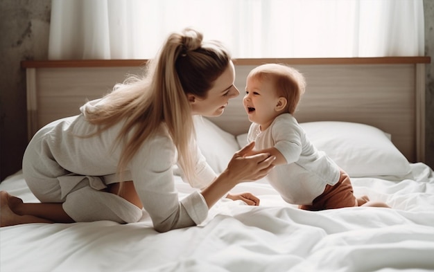 Mère jouant avec son bébé sur le lit à la maison Concept de famille heureuse