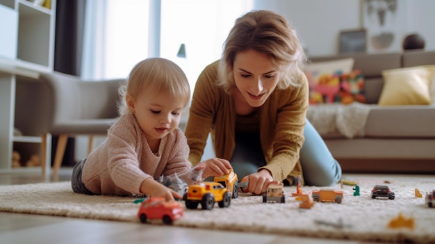 une mère joue avec son bébé et un camion jouet