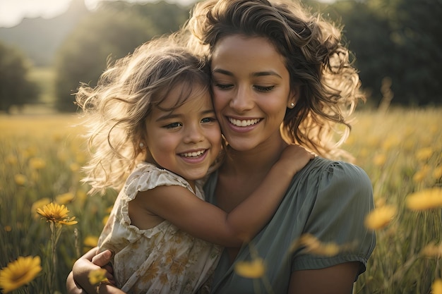 Une mère joyeuse embrassant son enfant dans un pré ensoleillé.