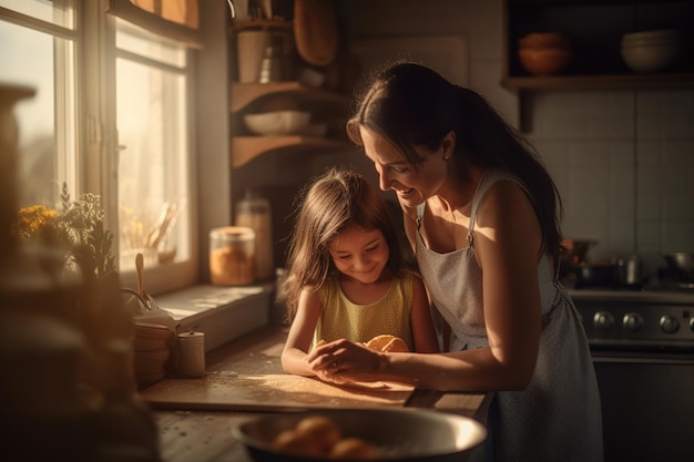 Une mère joyeuse avec sa fille cuisinent ensemble dans la cuisine