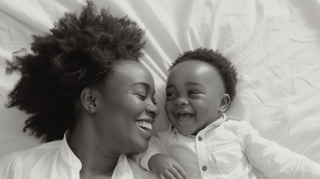 Photo une mère joyeuse et son bébé rient ensemble