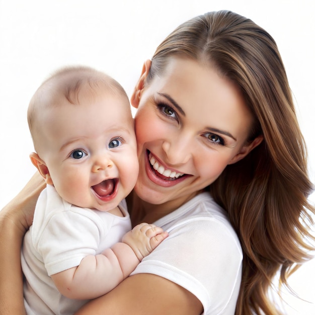 Photo une mère joyeuse souriant avec son bébé heureux sur un fond blanc