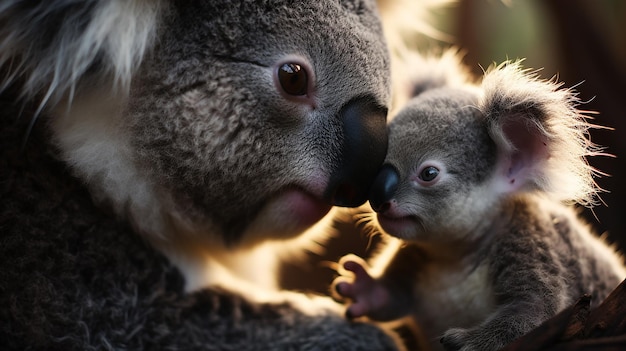 La mère koala embrasse la joue du bébé koala
