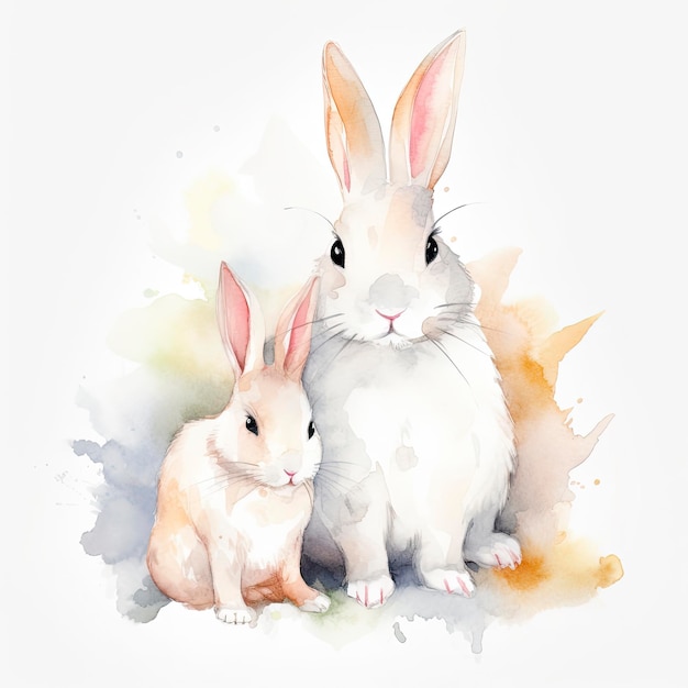 Mère lapin blanc gratuit avec lapin blanc enfant aquarelle pastel fond blanc générer ai