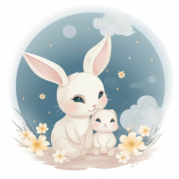 Photo la mère lapin avec l'enfant dans les fleurs