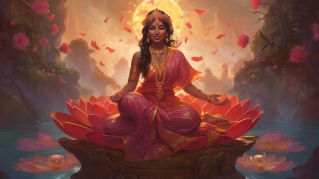 Mère Laxmi souriante assise sur l'IA générative du lotus