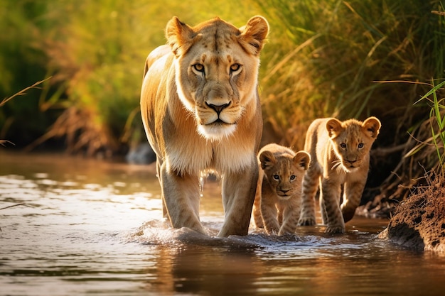 une mère lionne et ses petits marchent dans l'eau