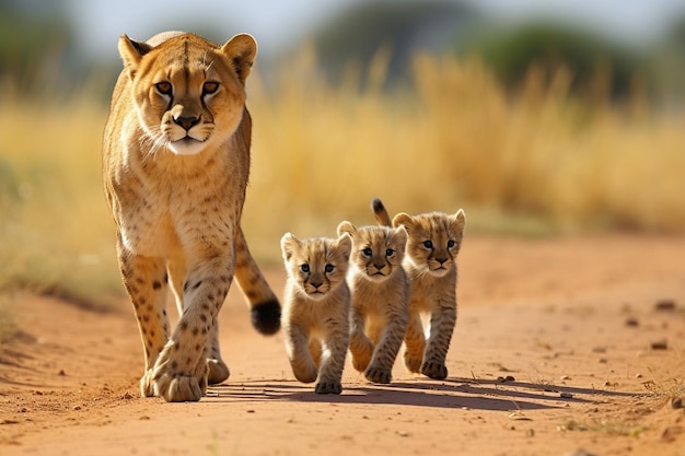 une mère lionne et ses petits marchent sur une route de terre