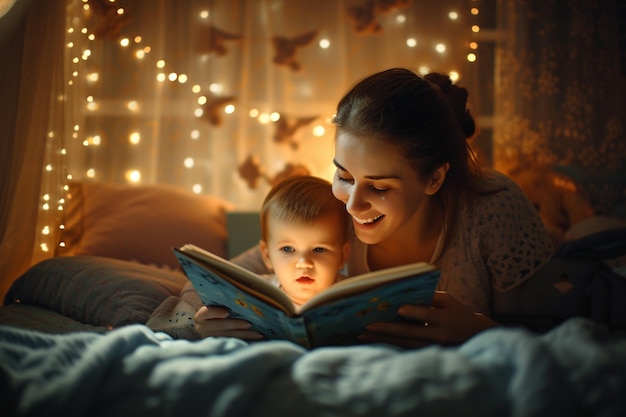 mère lisant un conte à sa fille la nuit à l'arrière-plan de style bokeh