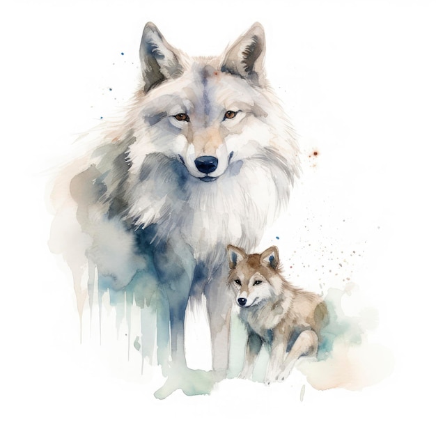 Mère loup gratuite avec enfant loup aquarelle pastel fond blanc générer ai