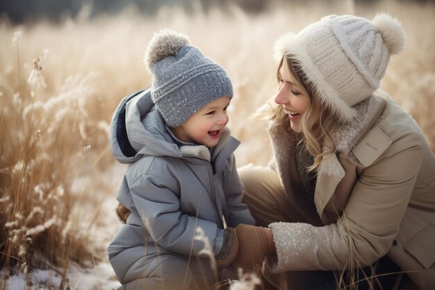 Mère ludique avec son petit fils s'amusant ensemble en plein air par temps glacial