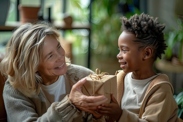 Une mère mature recevant un cadeau de son fils pour la fête des mères