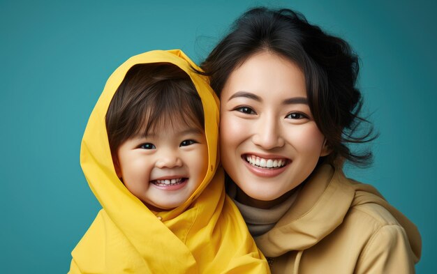 mère de mode joyeuse portant affectueusement embrassant son enfant fond lumineux solide lumineux