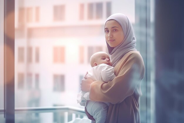 Une mère musulmane avec son bébé à l'hôpital Concept de médecine inclusive