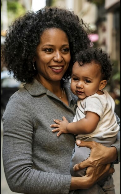 Photo une mère noire heureuse tenant un bébé.