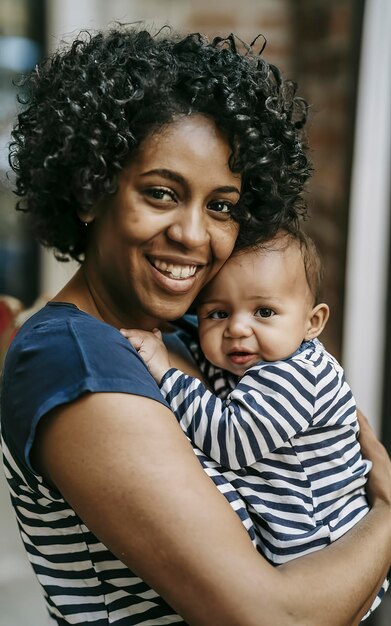 Une mère noire heureuse tenant un bébé.