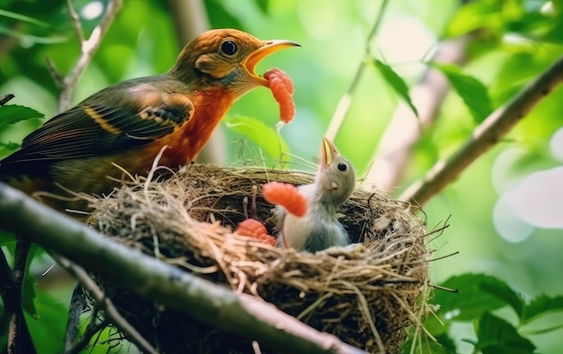 Mère oiseau nourrissant son petit