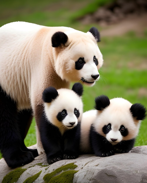 une mère panda et ses petits sont sur un rocher.