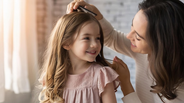 La mère peigne les cheveux de sa fille.