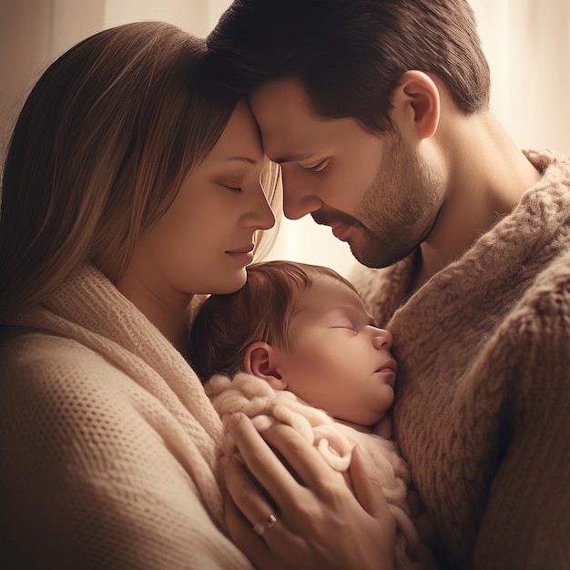 La mère et le père bercent avec amour leur nouveau-né