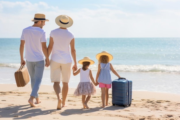 Mère et père avec leurs enfants assis sur la plage avec des valises