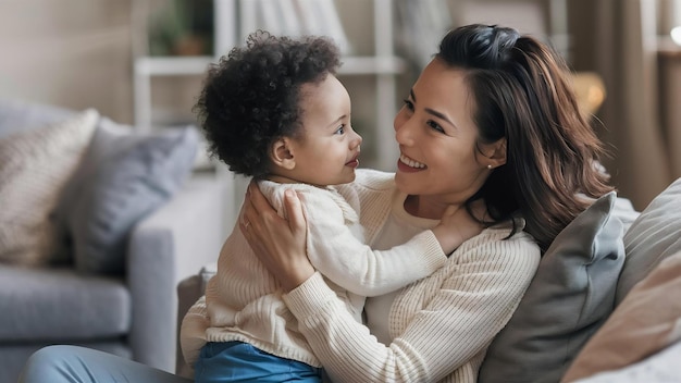 Mère avec un petit enfant à la maison