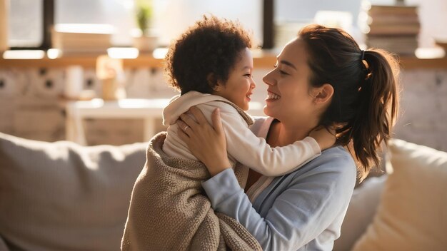 Mère avec un petit enfant à la maison