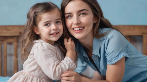 Mère et petite fille s'amusent sur un fond bleu