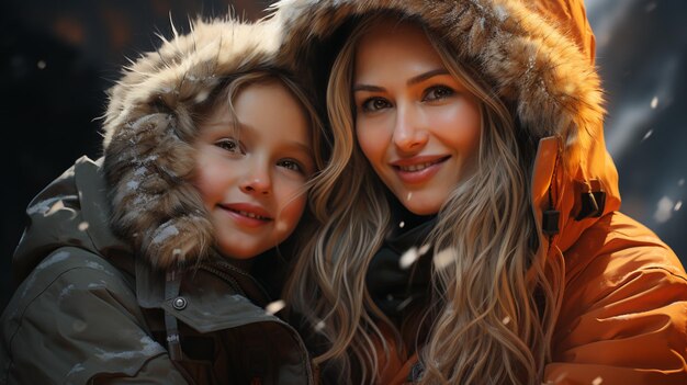 Une mère et une petite sœur jouant avec de la neige avec des vêtements d'hiver