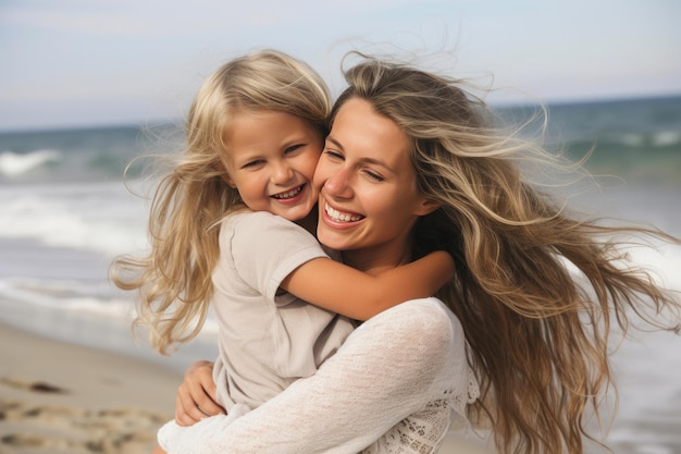 Mère portant sa fille le long de la plage Generative AI