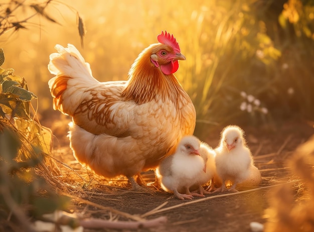 Mère poule avec des poulets dans une cour rurale Poulets dans une herbe dans le village contre le soleil photos