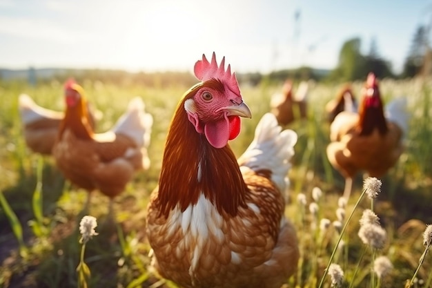 Une mère poule avec ses poulets à l'extérieur qui paissent dans un pâturage ensoleillé Generative Ai