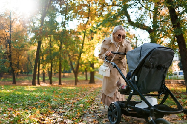 Mère avec poussette bébé marche dans le parc de l'automne