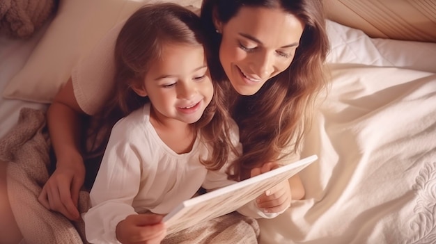 Une mère qui lit une histoire à sa fille, encourageant la lecture et développant l'imagination.