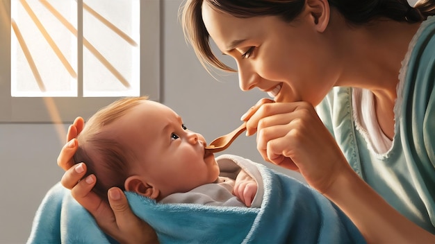 Une mère qui nourrit son petit garçon à la cuillère