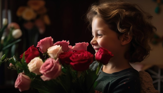 Mère recevant un bouquet de fleurs de son enfant avec un sourire éclatant Fête des Mères