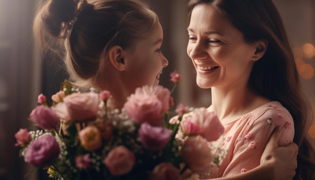 Mère recevant un bouquet de fleurs de son enfant avec un sourire éclatant Fête des Mères