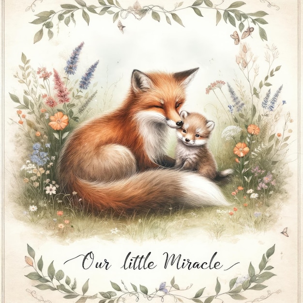 Mère renard et mignon chiot dans une prairie de fleurs sauvages