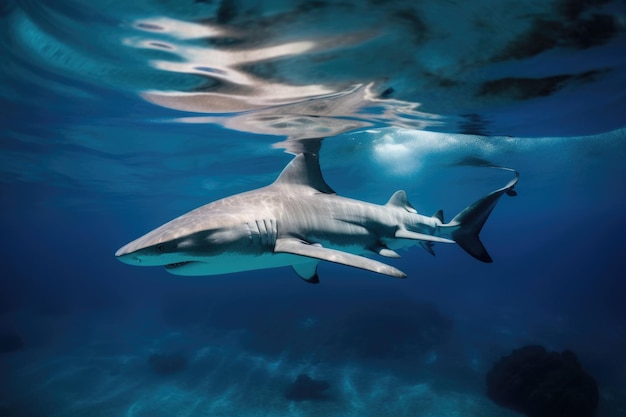 Mère requin avec sa progéniture nouveau-née nageant dans des eaux bleues claires créées avec une IA générative
