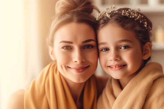 Une mère avec sa fille après une douche générée par Ai