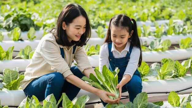 Photo une mère et sa fille asiatiques aident ensemble à recueillir les légumes hydroponiques frais dans le lointain