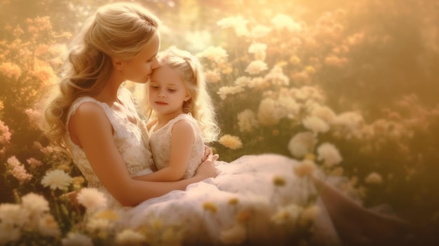 Une mère et sa fille dans un champ de fleurs