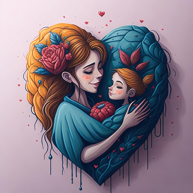 Une mère et sa fille étreignant un coeur avec des roses dessus
