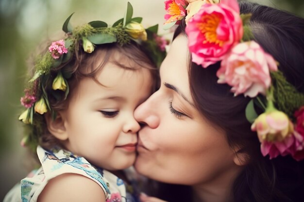 Une mère et sa fille avec des fleurs sur la tête