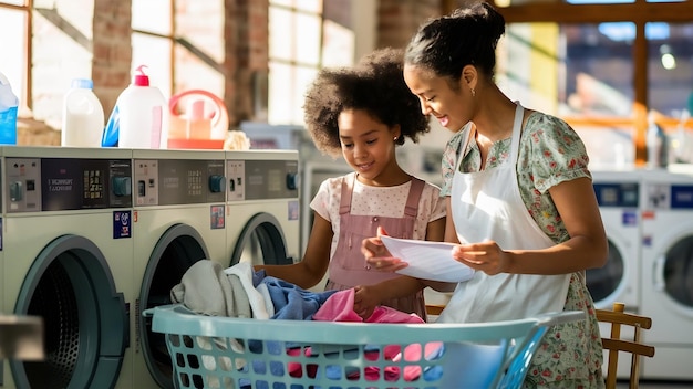 Une mère et sa fille font la lessive dans une buanderie en libre-service