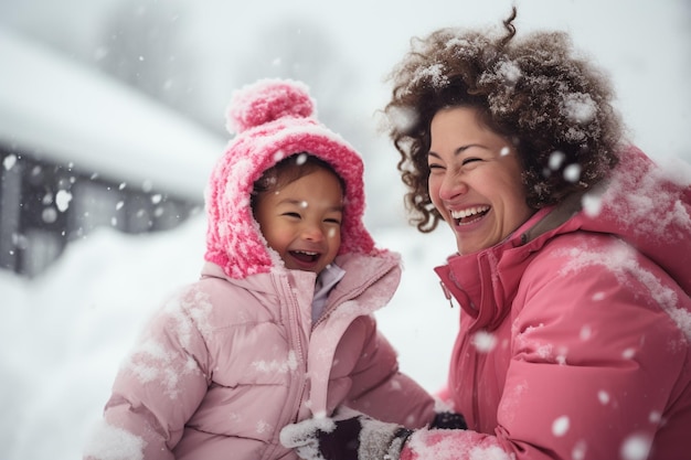 Une mère et sa fille jouent ensemble dans un parc d'hiver.