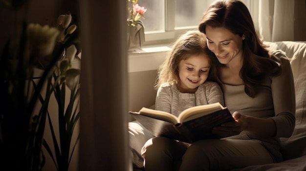 une mère et sa fille lisant un livre dans un salon.