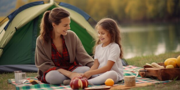 mère avec sa fille pique-nique