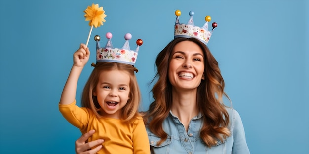 Une mère et sa fille portant des couronnes pour une fête d'anniversaire